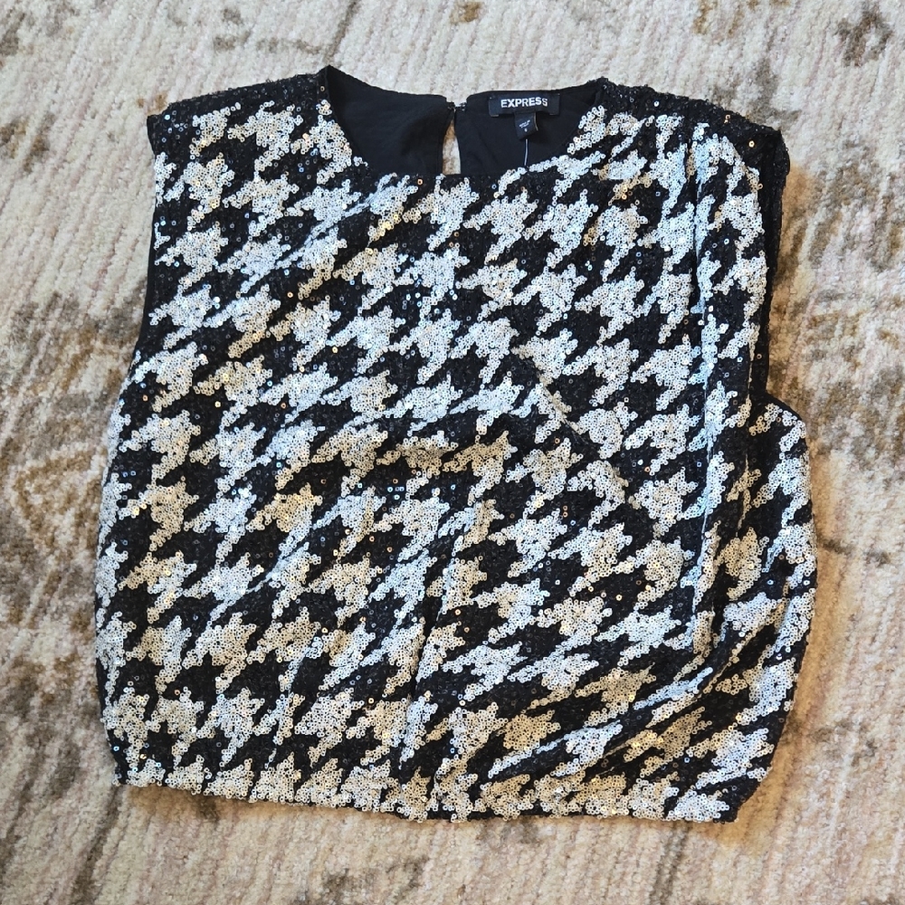 NWT Express Monochrome Houndstooth Sequin Blouse